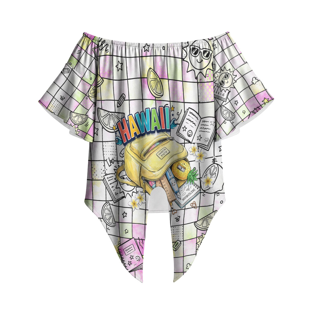 Hawaii Cruising Back To School Off Shoulder Wrap Waist Top Grid Pattern With School Bag And Vintage Surf Van TS04 White Yellow - Polynesian Pride