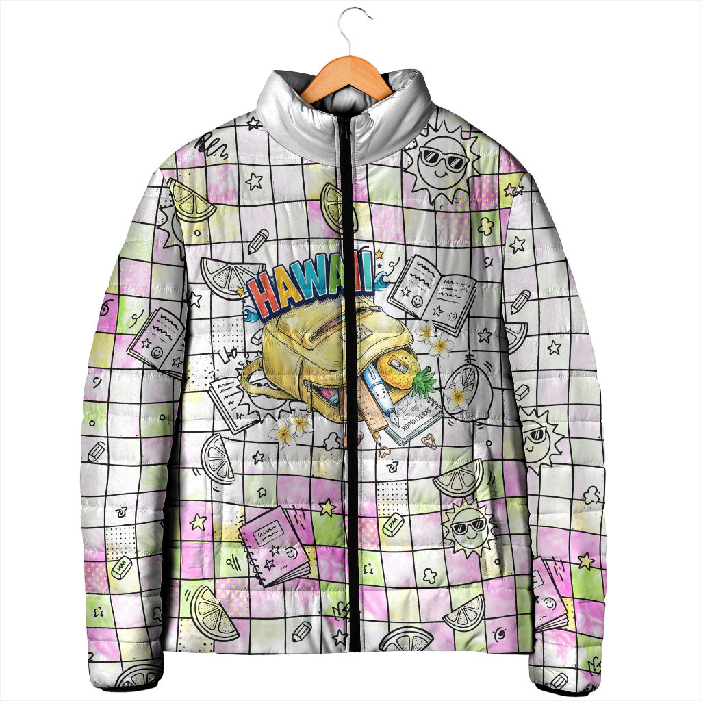 Hawaii Cruising Back To School Padded Jacket Grid Pattern With School Bag And Vintage Surf Van TS04 - Polynesian Pride