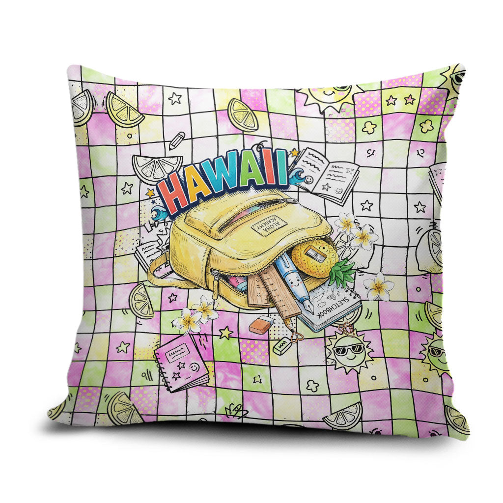 Hawaii Cruising Back To School Pillow Cover Grid Pattern With School Bag And Vintage Surf Van TS04 White Yellow - Polynesian Pride