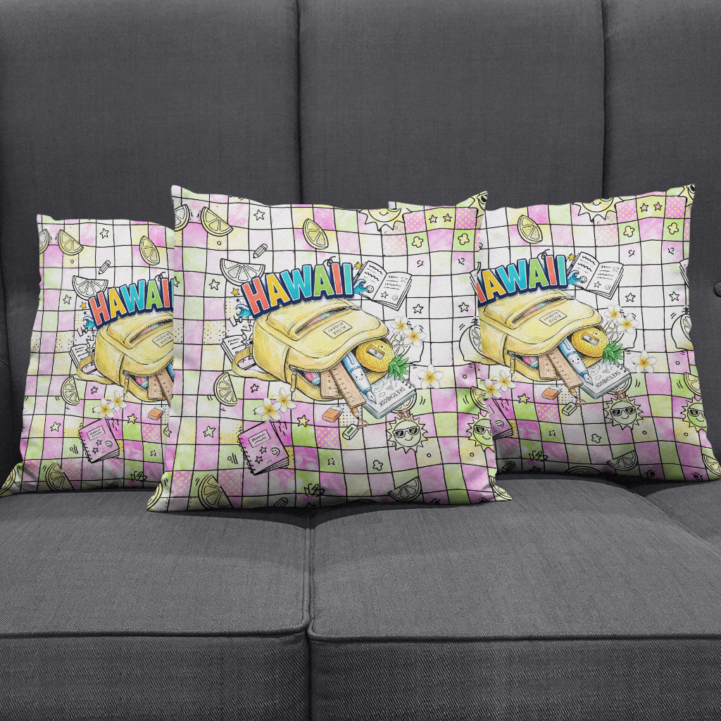 Hawaii Cruising Back To School Pillow Cover Grid Pattern With School Bag And Vintage Surf Van TS04 - Polynesian Pride