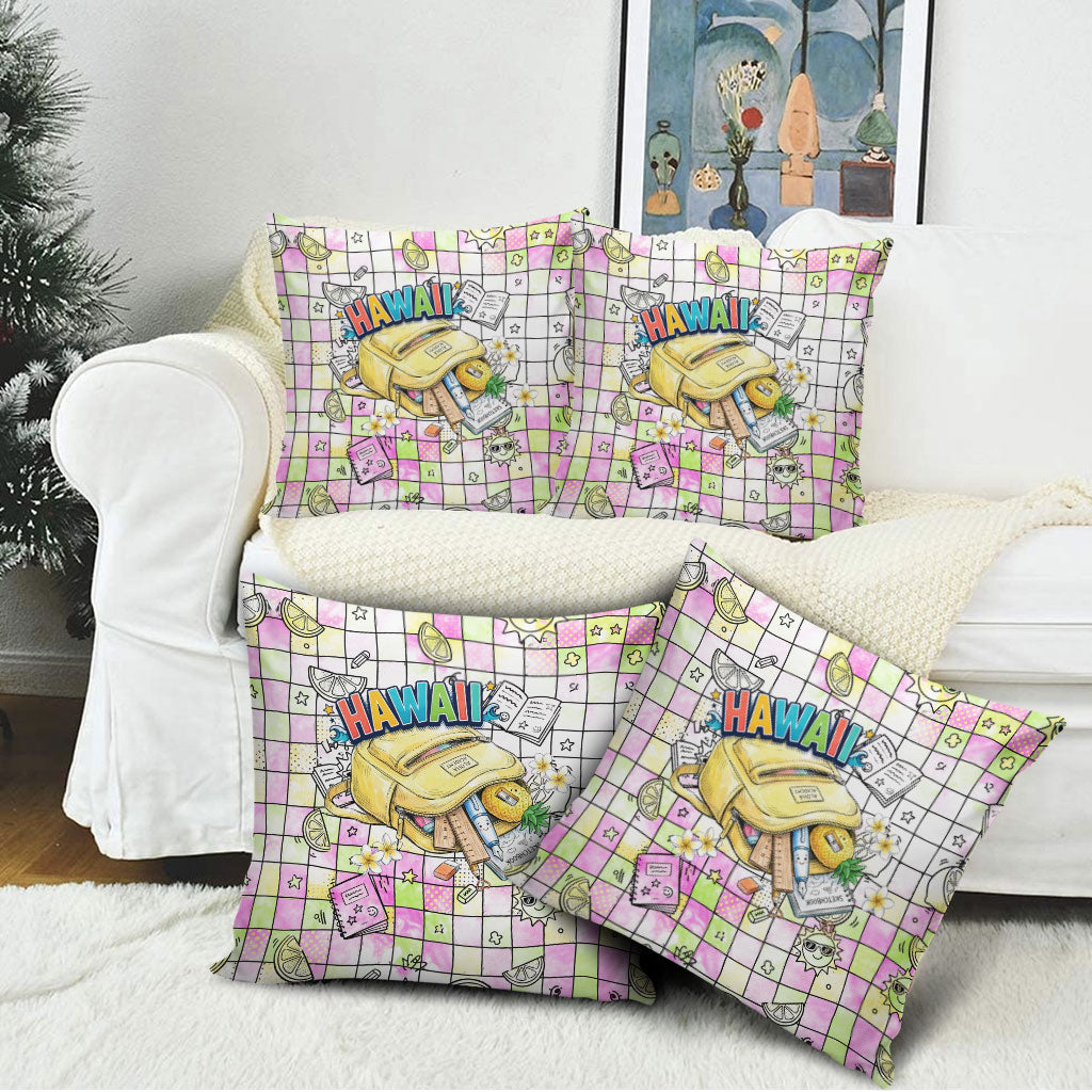 Hawaii Cruising Back To School Pillow Cover Grid Pattern With School Bag And Vintage Surf Van TS04 - Polynesian Pride