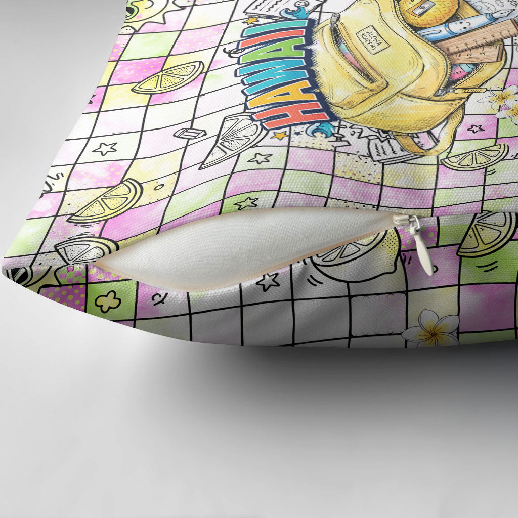 Hawaii Cruising Back To School Pillow Cover Grid Pattern With School Bag And Vintage Surf Van TS04 - Polynesian Pride