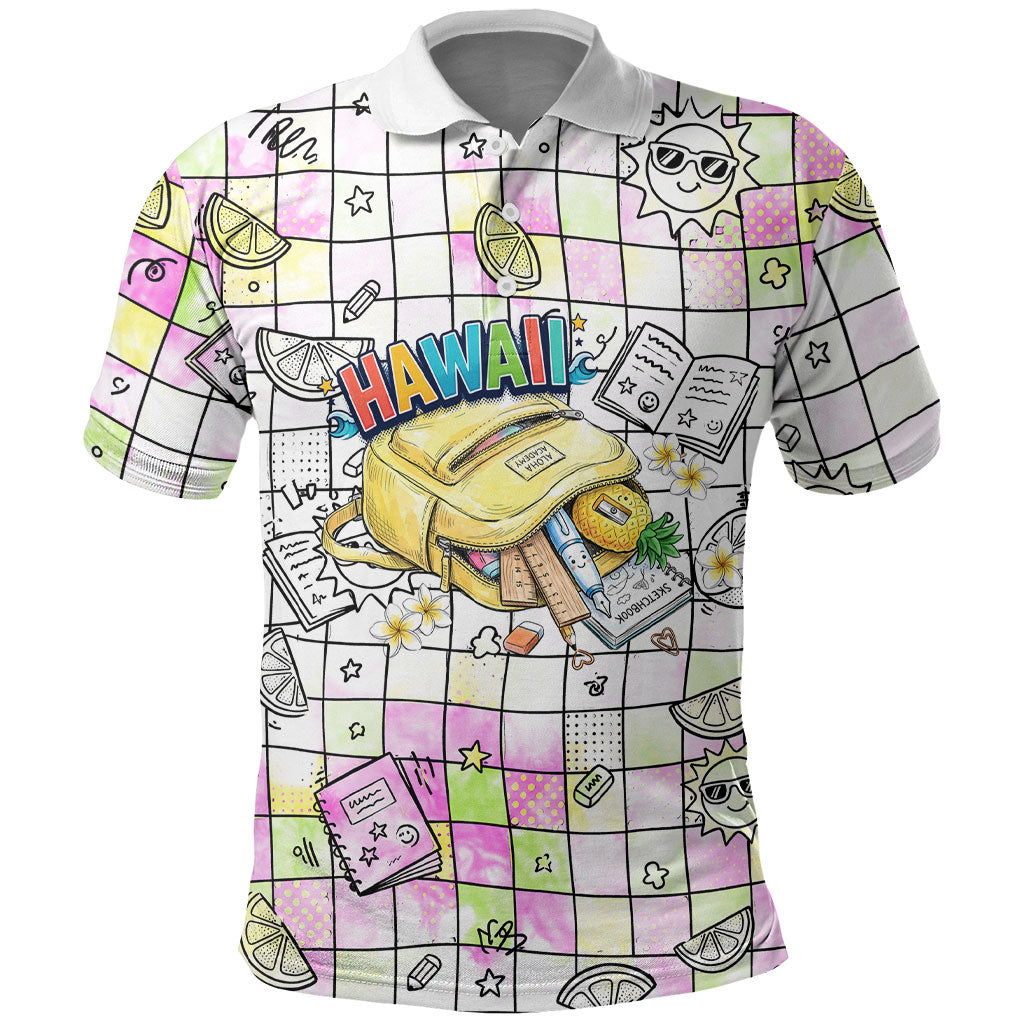 Hawaii Cruising Back To School Polo Shirt Grid Pattern With School Bag And Vintage Surf Van TS04 White Yellow - Polynesian Pride