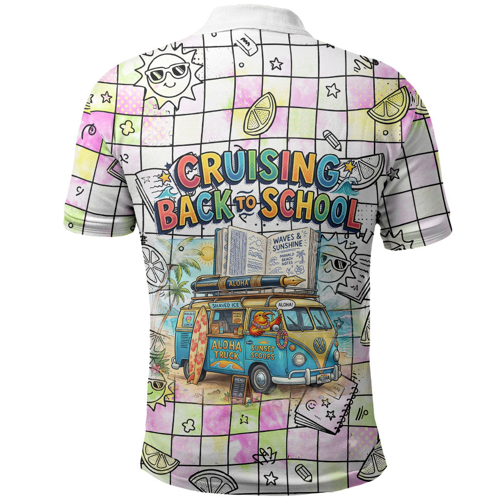 Hawaii Cruising Back To School Polo Shirt Grid Pattern With School Bag And Vintage Surf Van TS04 - Polynesian Pride