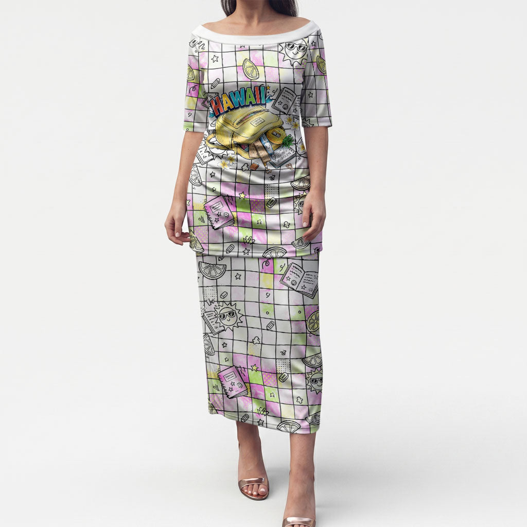 Hawaii Cruising Back To School Puletasi Grid Pattern With School Bag And Vintage Surf Van TS04 Long Dress White Yellow - Polynesian Pride