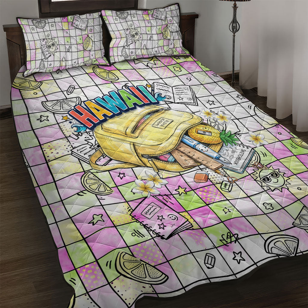 Hawaii Cruising Back To School Quilt Bed Set Grid Pattern With School Bag And Vintage Surf Van TS04 White Yellow - Polynesian Pride