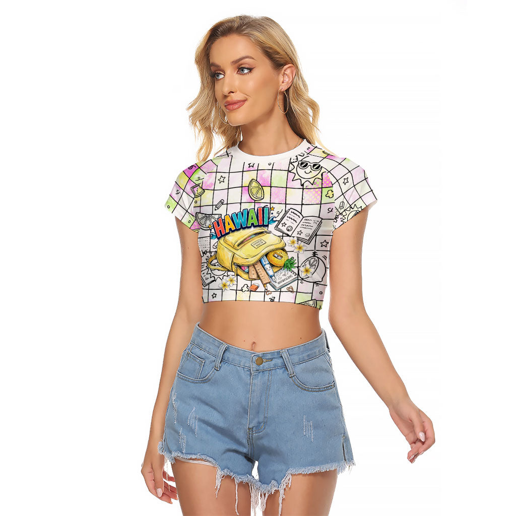 Hawaii Cruising Back To School Raglan Cropped T Shirt Grid Pattern With School Bag And Vintage Surf Van TS04 Female White Yellow - Polynesian Pride