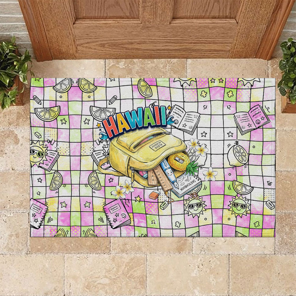 Hawaii Cruising Back To School Rubber Doormat Grid Pattern With School Bag And Vintage Surf Van TS04 White Yellow - Polynesian Pride