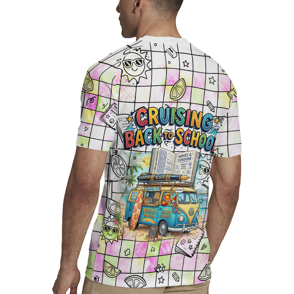 Hawaii Cruising Back To School Rugby Jersey Grid Pattern With School Bag And Vintage Surf Van TS04 - Polynesian Pride