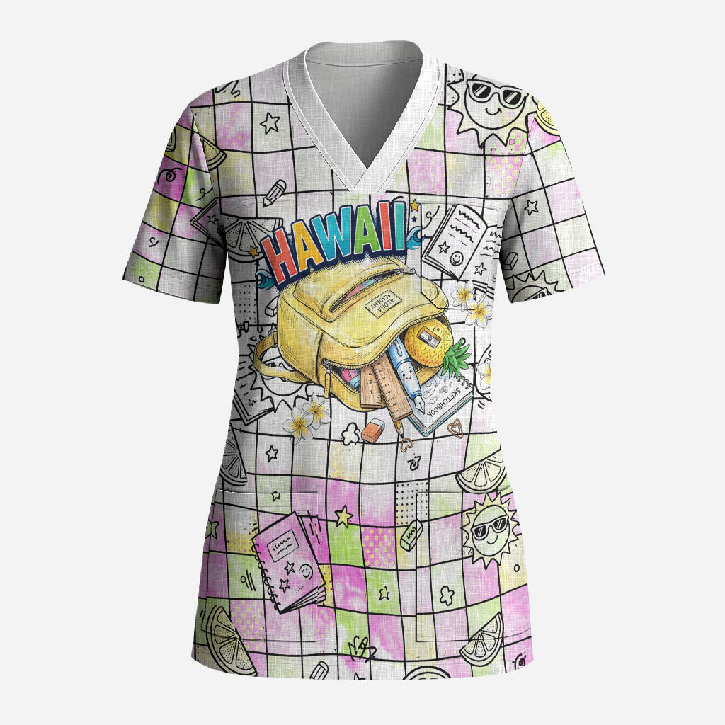 Hawaii Cruising Back To School Scrub Top Grid Pattern With School Bag And Vintage Surf Van TS04 Adult White Yellow - Polynesian Pride