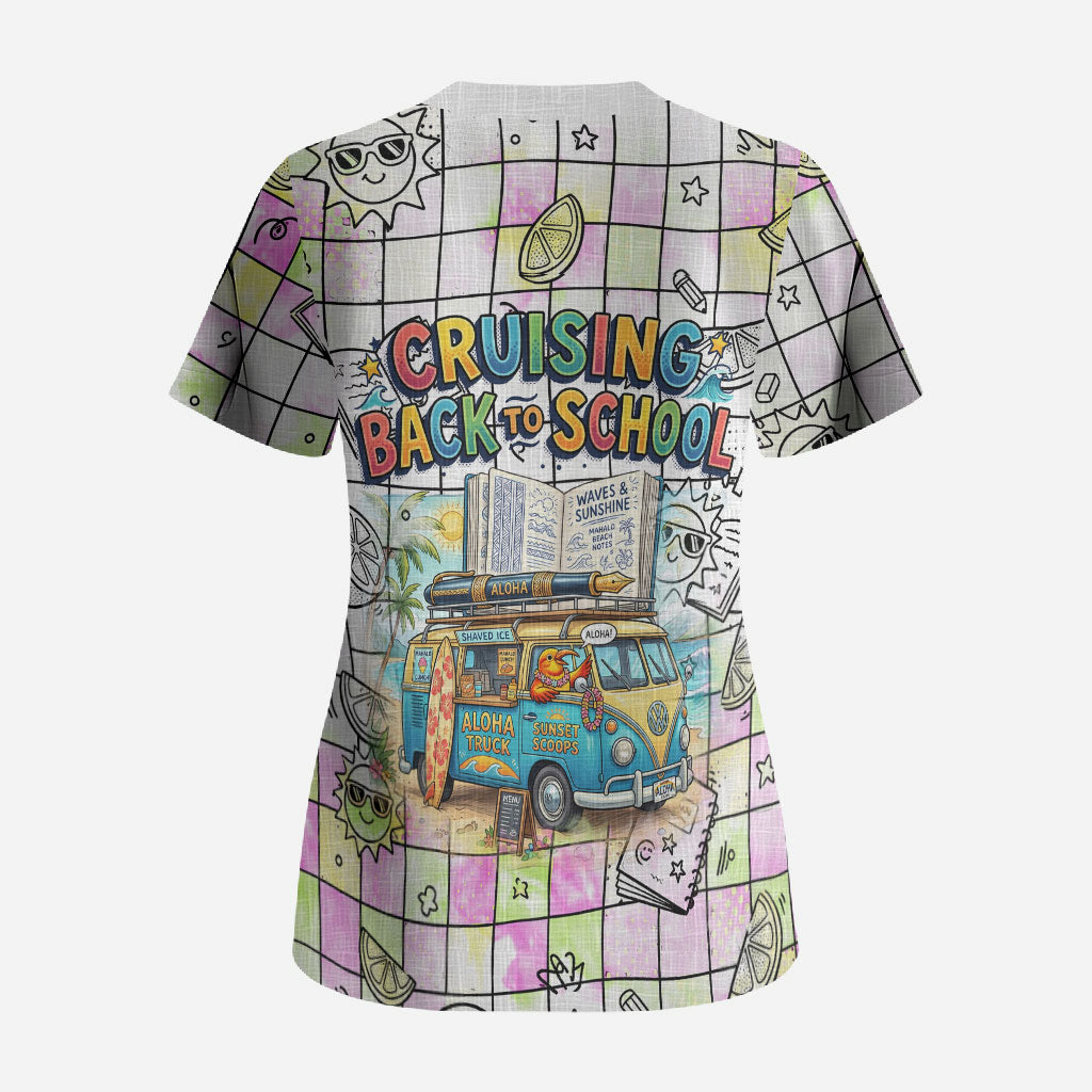 Hawaii Cruising Back To School Scrub Top Grid Pattern With School Bag And Vintage Surf Van TS04 - Polynesian Pride