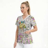 Hawaii Cruising Back To School Scrub Top Grid Pattern With School Bag And Vintage Surf Van TS04 - Polynesian Pride