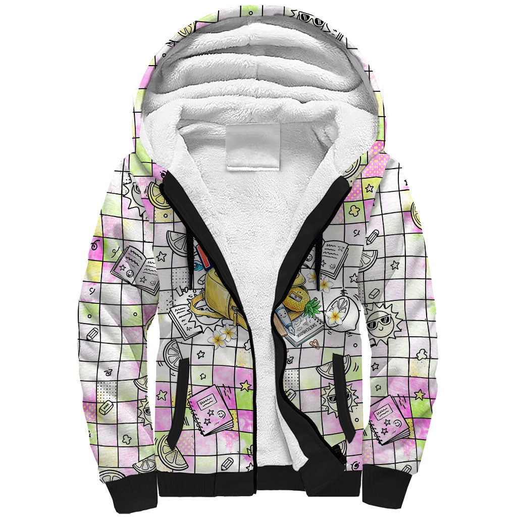 Hawaii Cruising Back To School Sherpa Hoodie Grid Pattern With School Bag And Vintage Surf Van TS04 Unisex White Yellow - Polynesian Pride