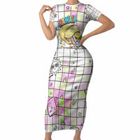 Hawaii Cruising Back To School Short Sleeve Bodycon Dress Grid Pattern With School Bag And Vintage Surf Van TS04 Long Dress White Yellow - Polynesian Pride