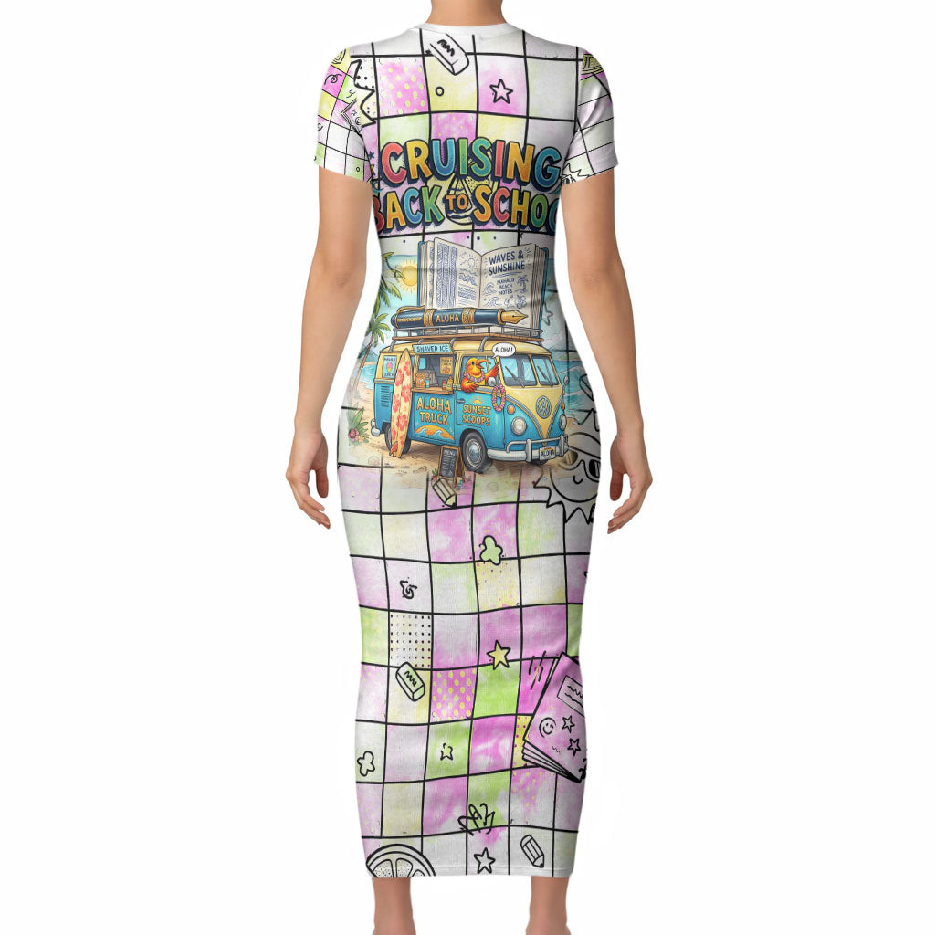 Hawaii Cruising Back To School Short Sleeve Bodycon Dress Grid Pattern With School Bag And Vintage Surf Van TS04 - Polynesian Pride