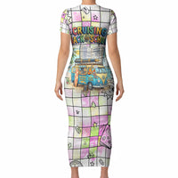 Hawaii Cruising Back To School Short Sleeve Bodycon Dress Grid Pattern With School Bag And Vintage Surf Van TS04 - Polynesian Pride