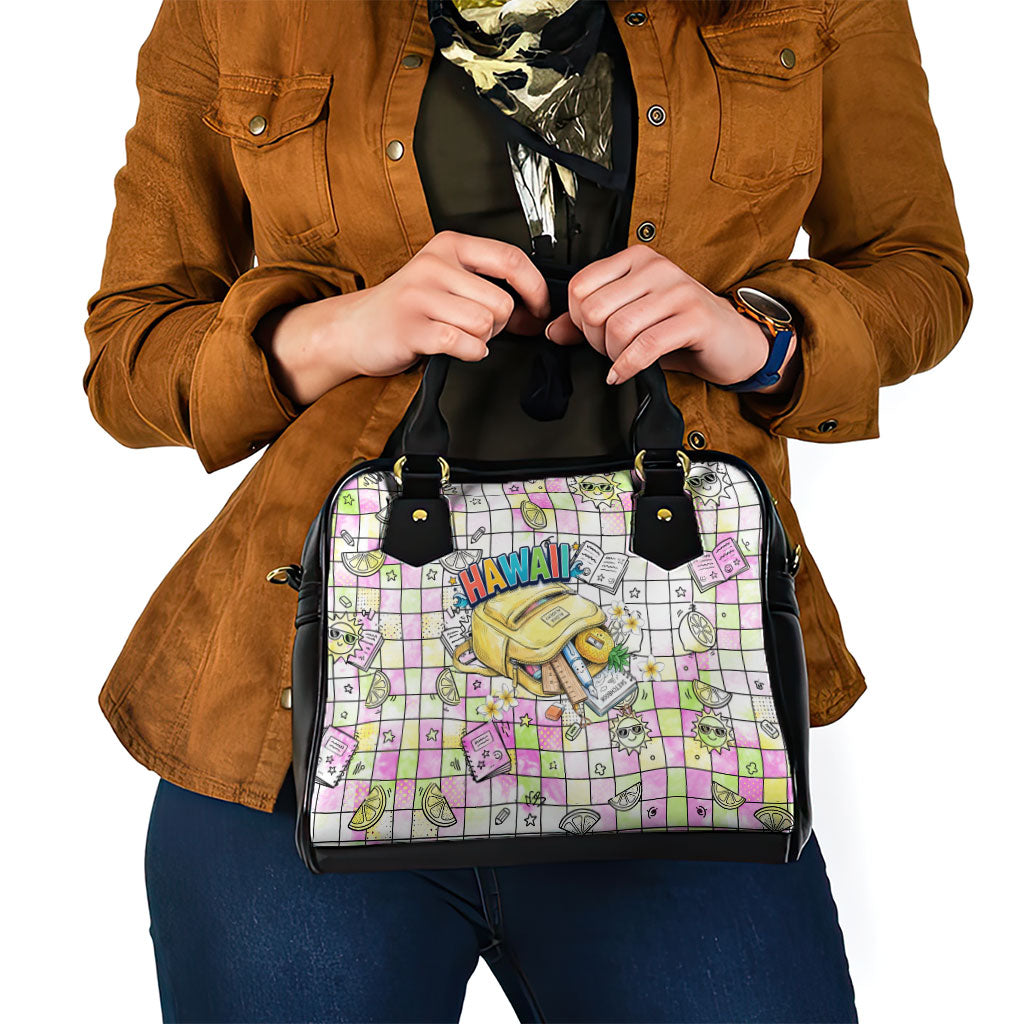 Hawaii Cruising Back To School Shoulder Handbag Grid Pattern With School Bag And Vintage Surf Van TS04 - Polynesian Pride