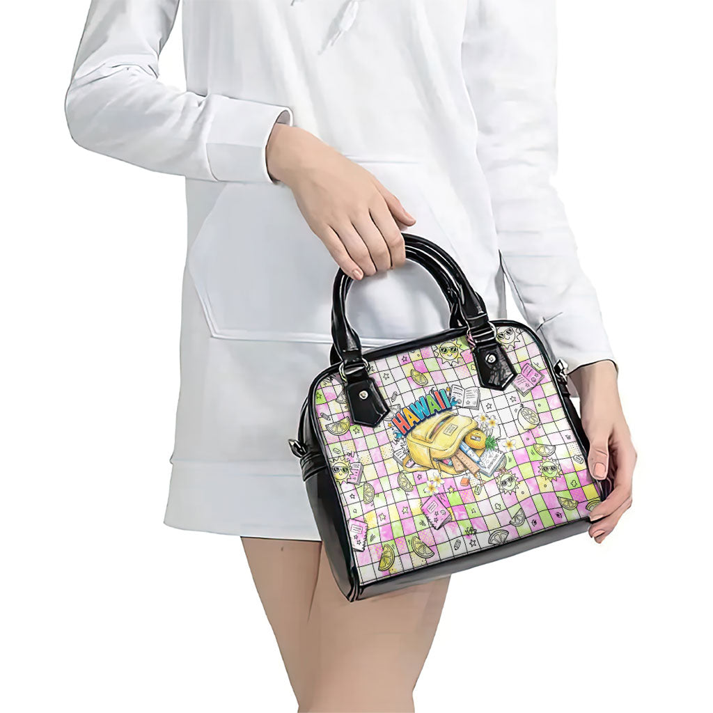 Hawaii Cruising Back To School Shoulder Handbag Grid Pattern With School Bag And Vintage Surf Van TS04 - Polynesian Pride