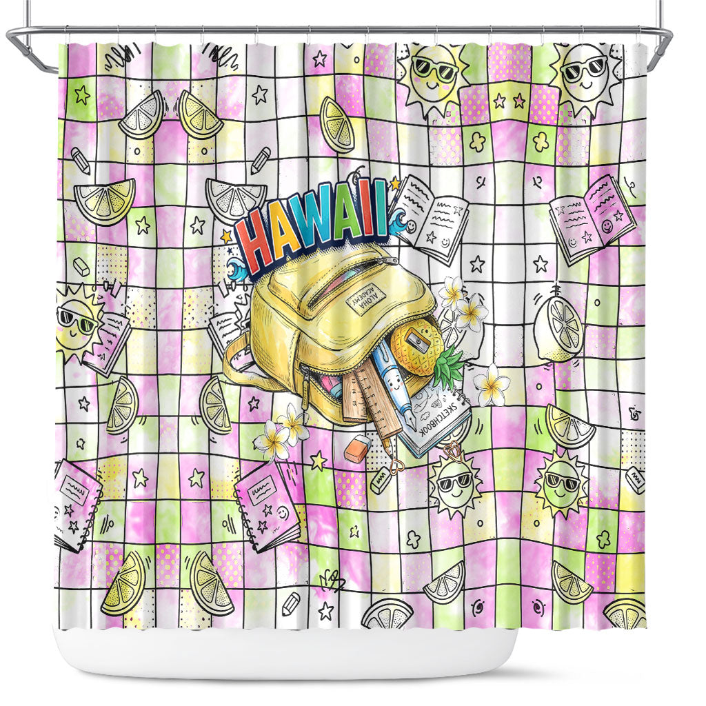 Hawaii Cruising Back To School Shower Curtain Grid Pattern With School Bag And Vintage Surf Van TS04 White Yellow - Polynesian Pride