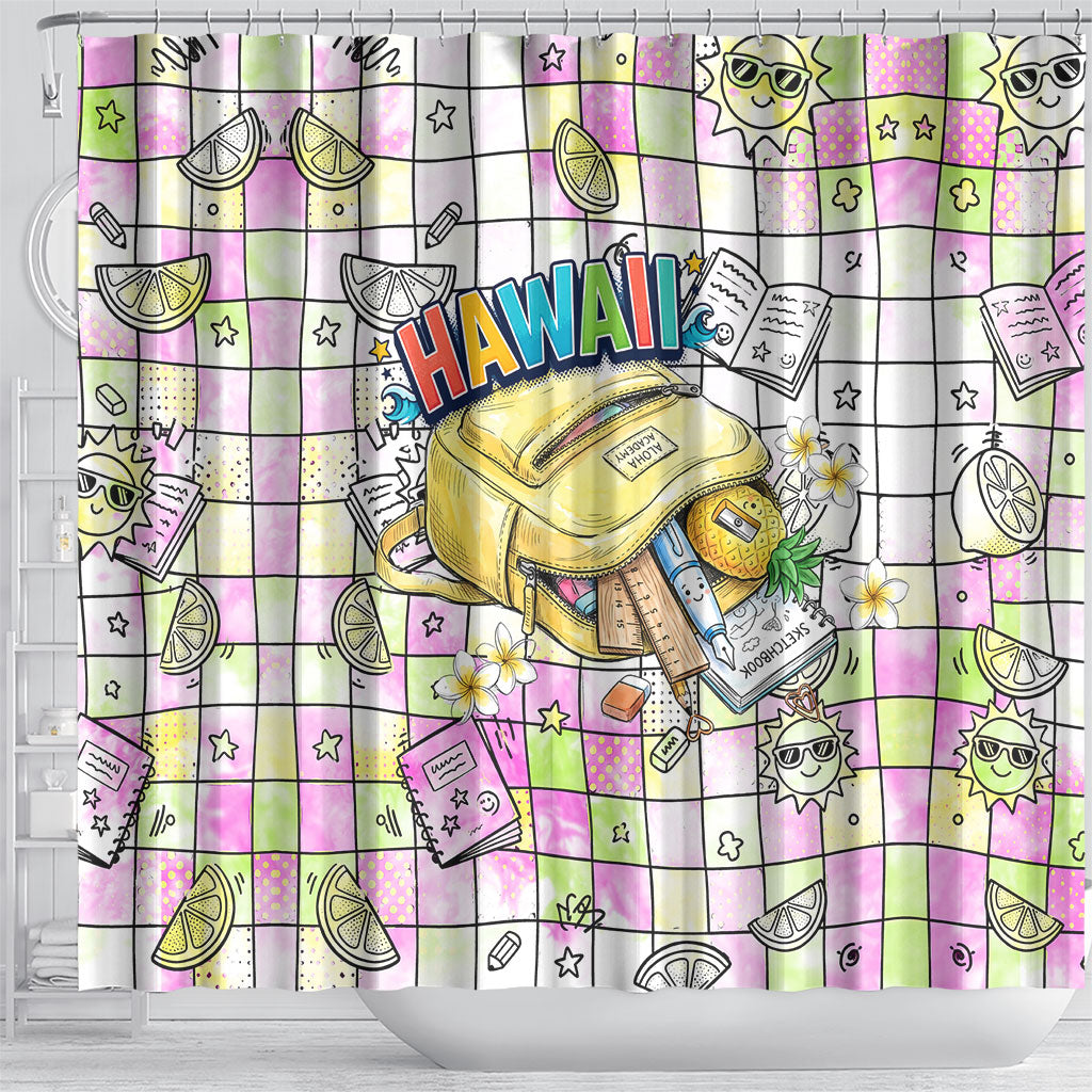 Hawaii Cruising Back To School Shower Curtain Grid Pattern With School Bag And Vintage Surf Van TS04 - Polynesian Pride