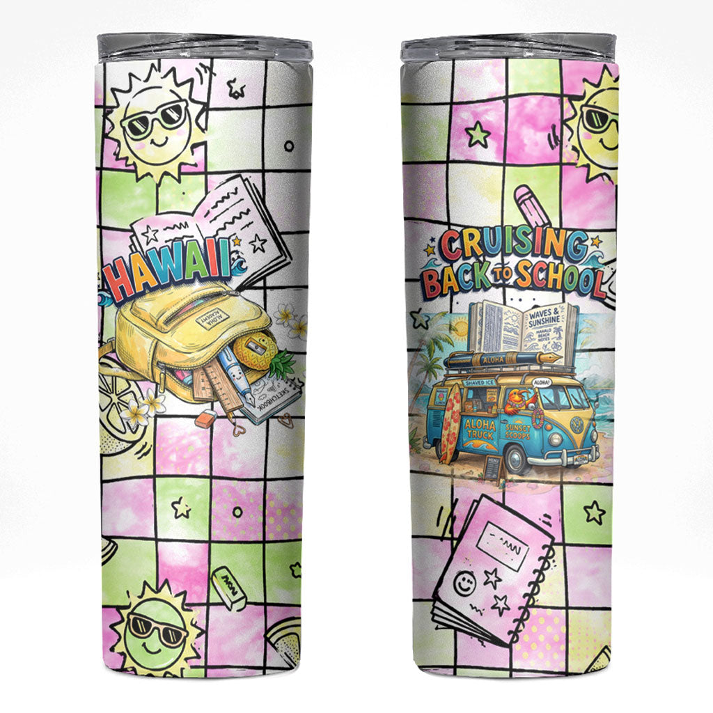 Hawaii Cruising Back To School Skinny Tumbler Grid Pattern With School Bag And Vintage Surf Van TS04 White Yellow - Polynesian Pride