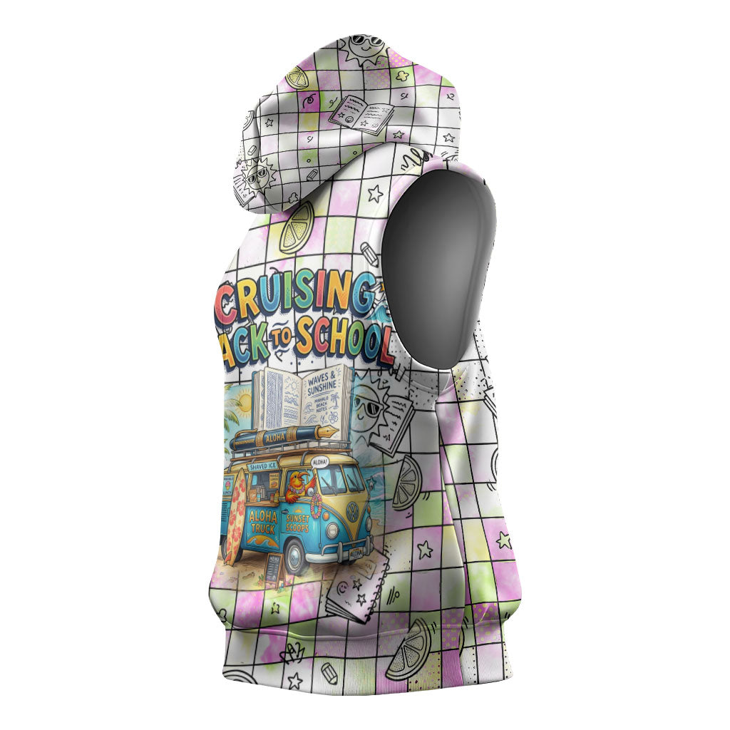Hawaii Cruising Back To School Sleeveless Hoodie Grid Pattern With School Bag And Vintage Surf Van TS04 - Polynesian Pride