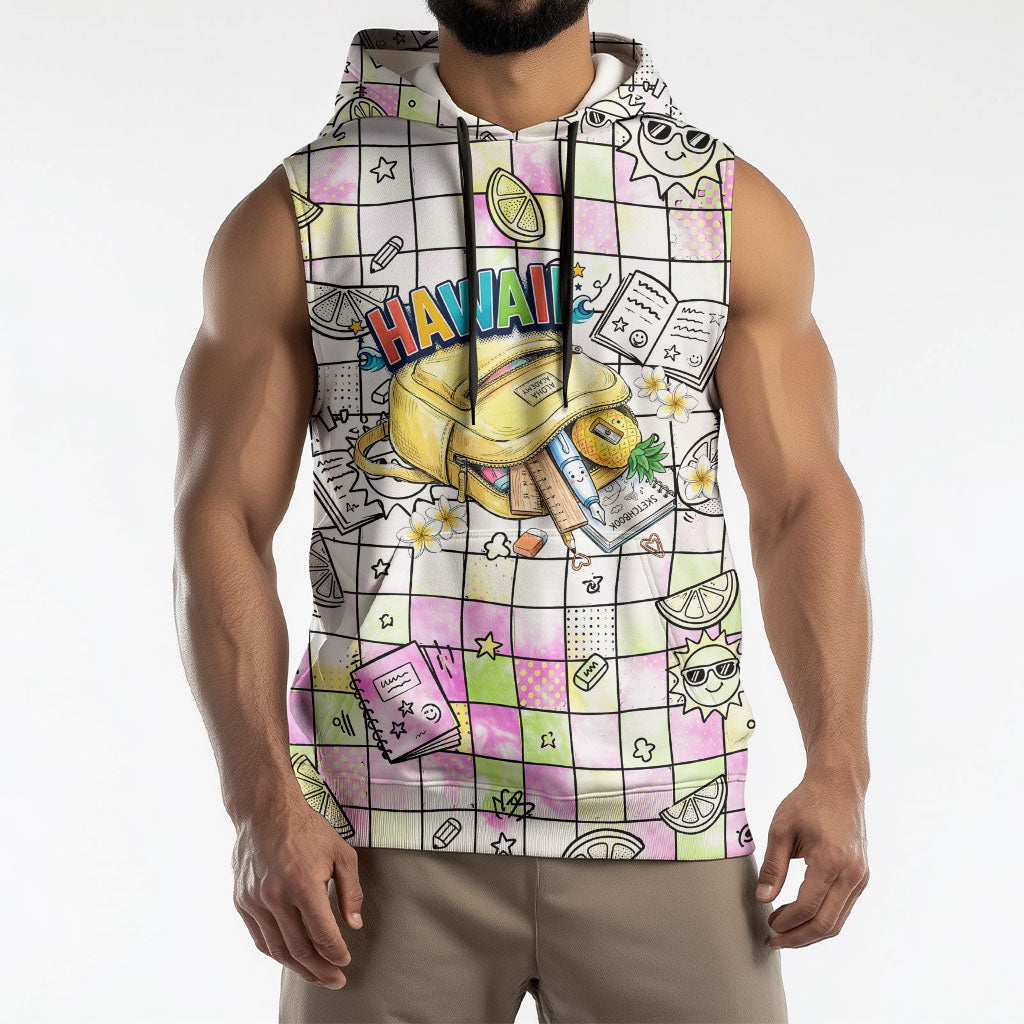 Hawaii Cruising Back To School Sleeveless Hoodie Grid Pattern With School Bag And Vintage Surf Van TS04 - Polynesian Pride
