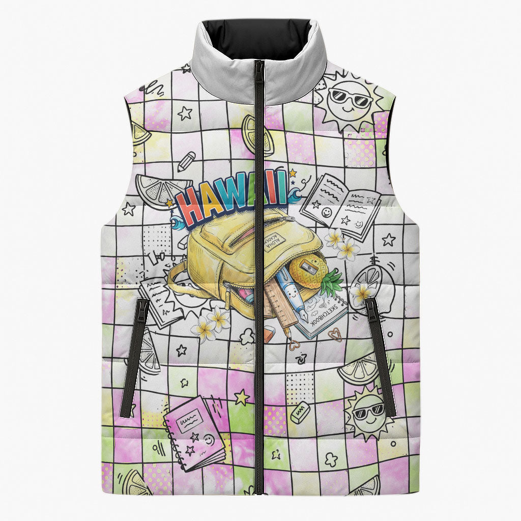 Hawaii Cruising Back To School Sleeveless Puffer Jacket Grid Pattern With School Bag And Vintage Surf Van TS04 Unisex White Yellow - Polynesian Pride