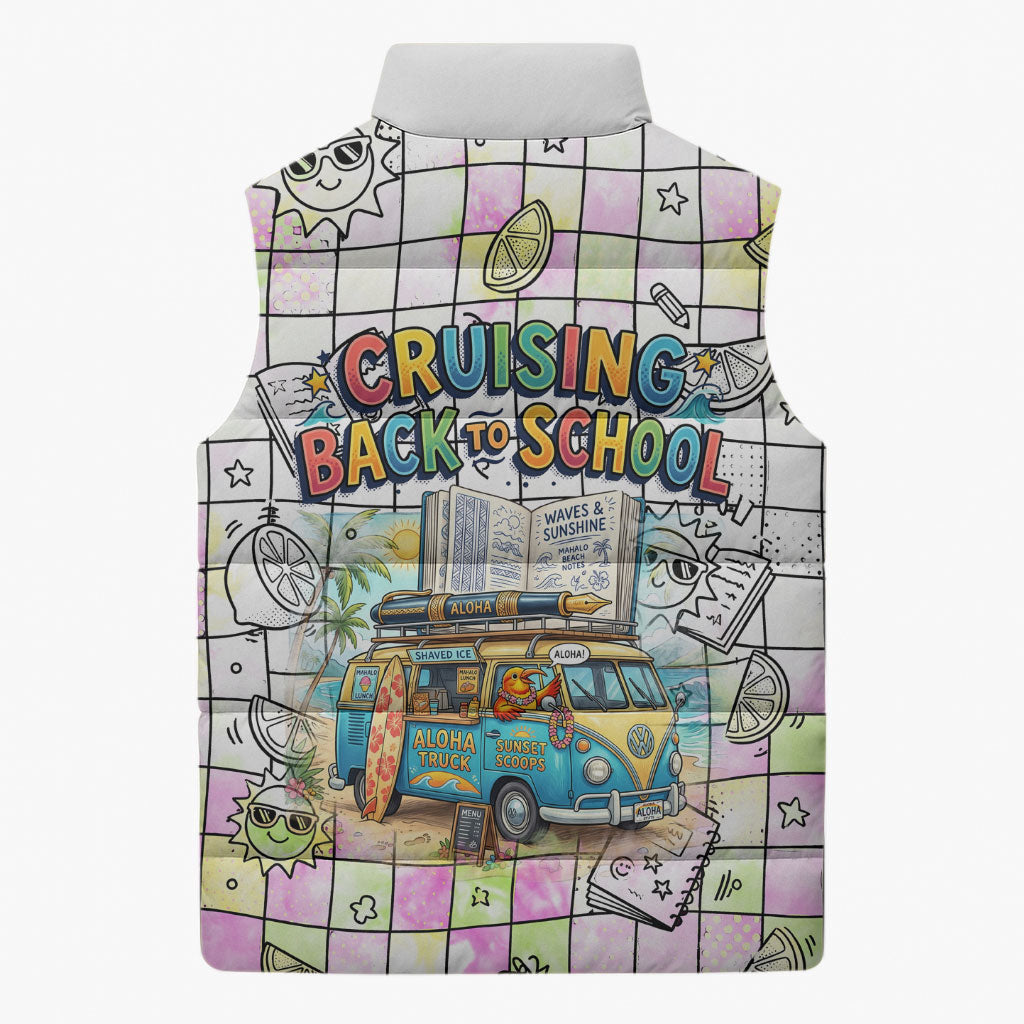 Hawaii Cruising Back To School Sleeveless Puffer Jacket Grid Pattern With School Bag And Vintage Surf Van TS04 - Polynesian Pride