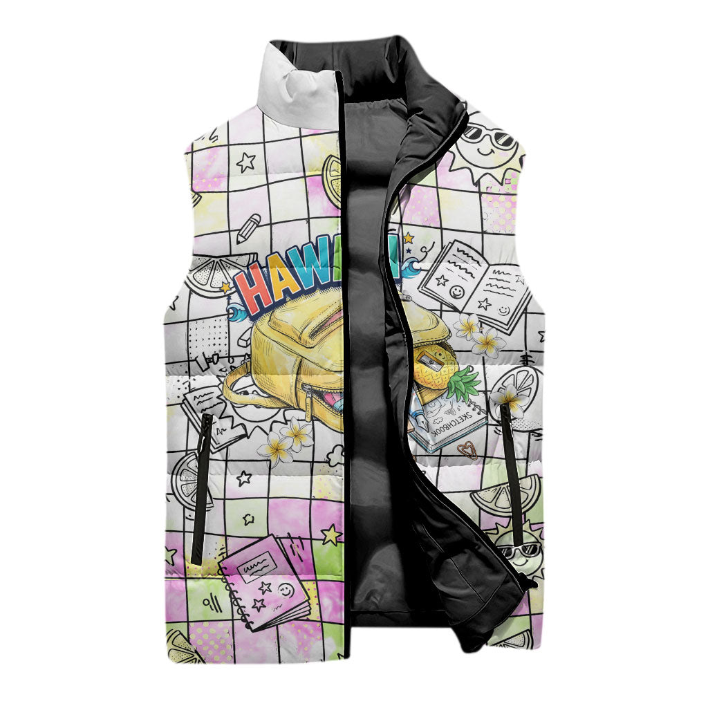 Hawaii Cruising Back To School Sleeveless Puffer Jacket Grid Pattern With School Bag And Vintage Surf Van TS04 - Polynesian Pride