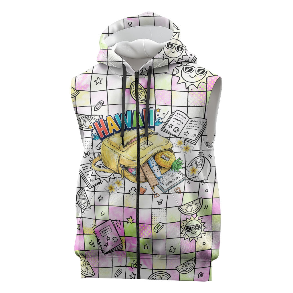 Hawaii Cruising Back To School Sleeveless Zip Hoodie Grid Pattern With School Bag And Vintage Surf Van TS04 White Yellow - Polynesian Pride