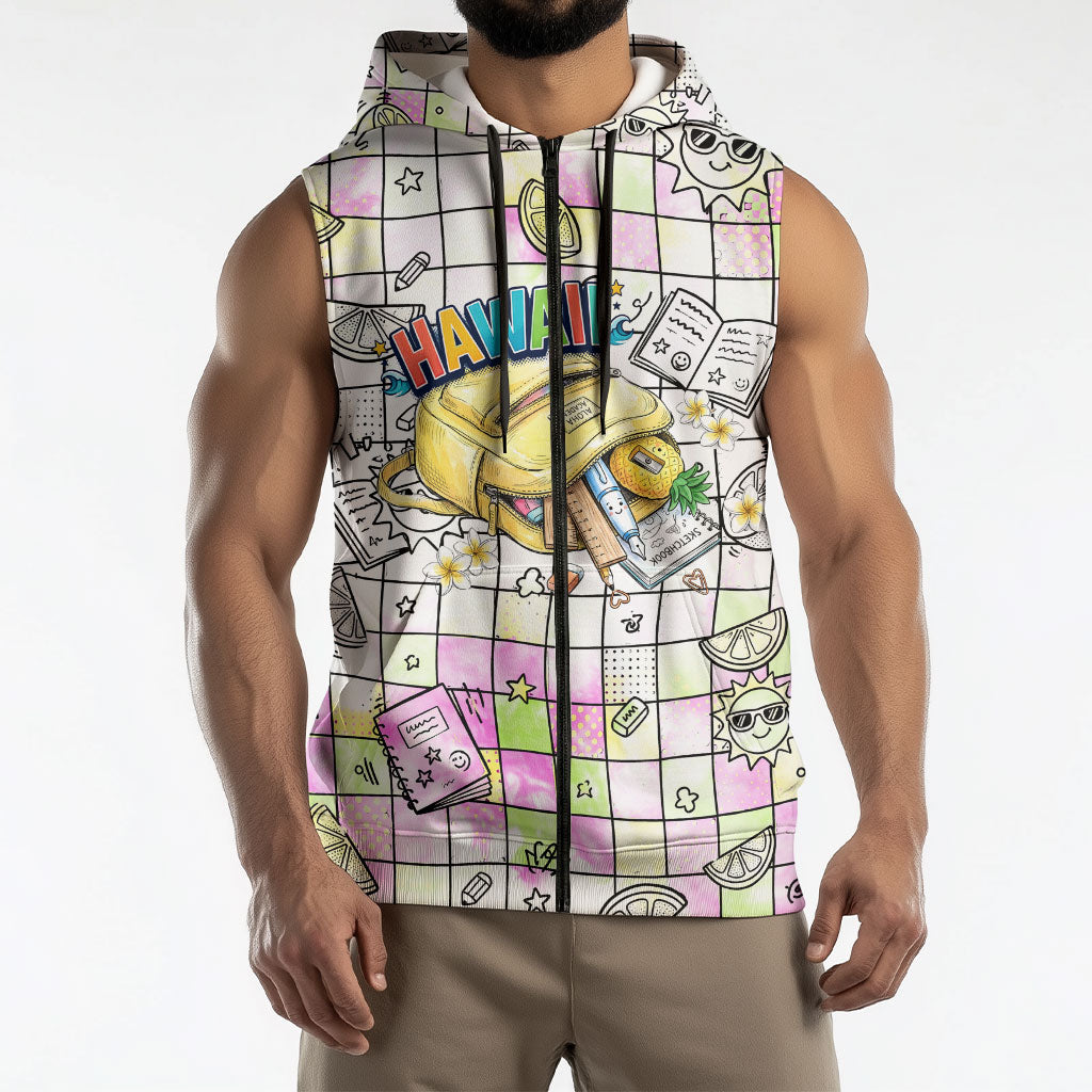 Hawaii Cruising Back To School Sleeveless Zip Hoodie Grid Pattern With School Bag And Vintage Surf Van TS04 - Polynesian Pride