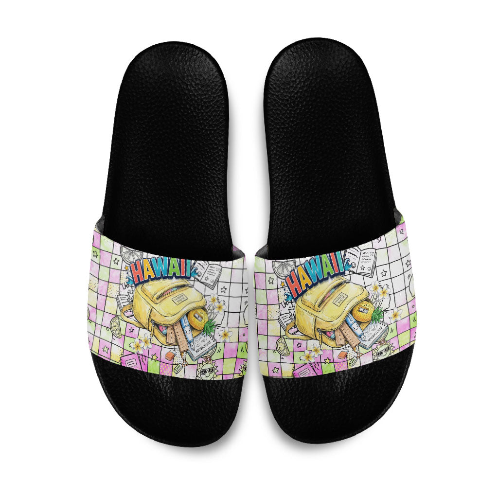 Hawaii Cruising Back To School Slide Sandals Grid Pattern With School Bag And Vintage Surf Van TS04 White Yellow - Polynesian Pride