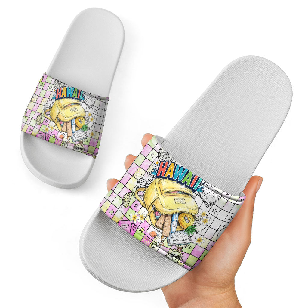 Hawaii Cruising Back To School Slide Sandals Grid Pattern With School Bag And Vintage Surf Van TS04 - Polynesian Pride