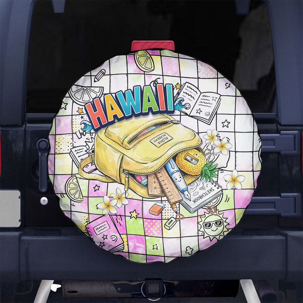 Hawaii Cruising Back To School Spare Tire Cover Grid Pattern With School Bag And Vintage Surf Van TS04 No hole White Yellow - Polynesian Pride