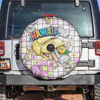 Hawaii Cruising Back To School Spare Tire Cover Grid Pattern With School Bag And Vintage Surf Van TS04 White Yellow - Polynesian Pride