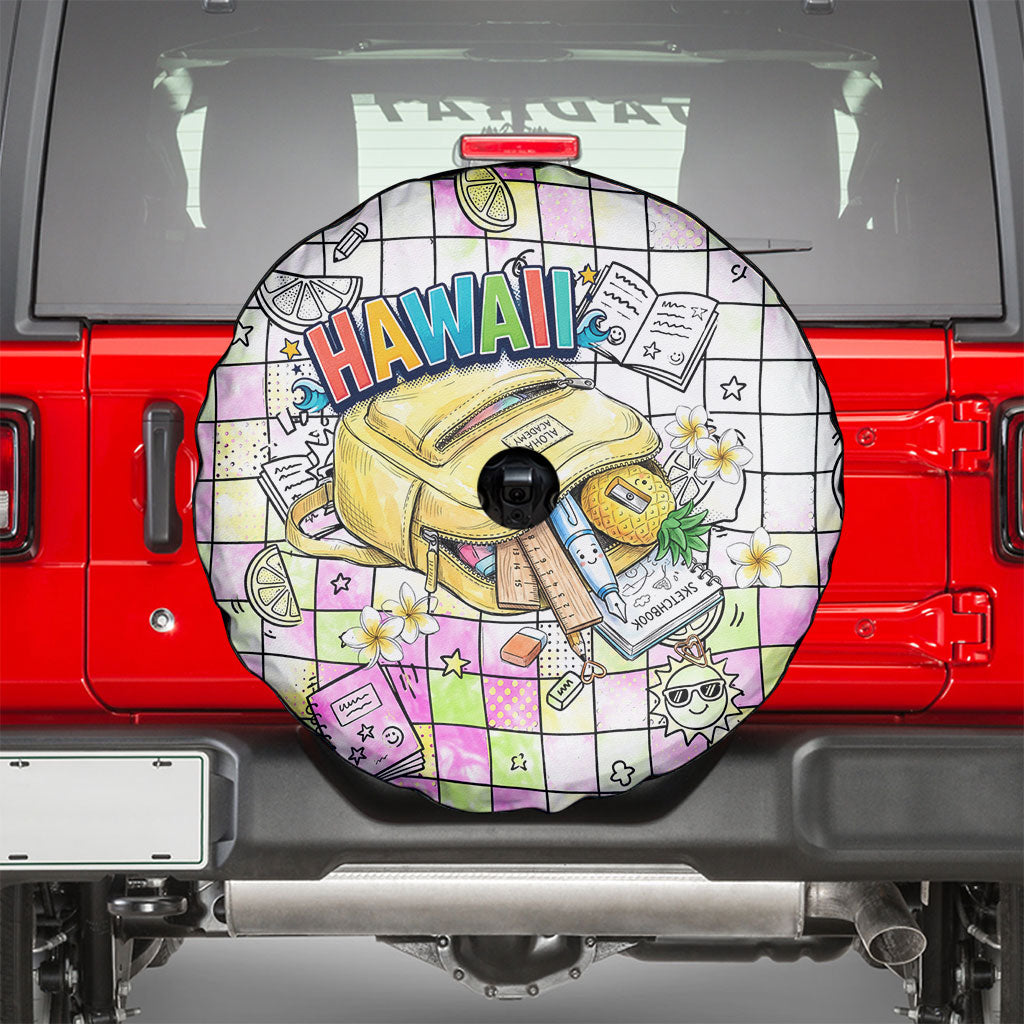 Hawaii Cruising Back To School Spare Tire Cover Grid Pattern With School Bag And Vintage Surf Van TS04 - Polynesian Pride
