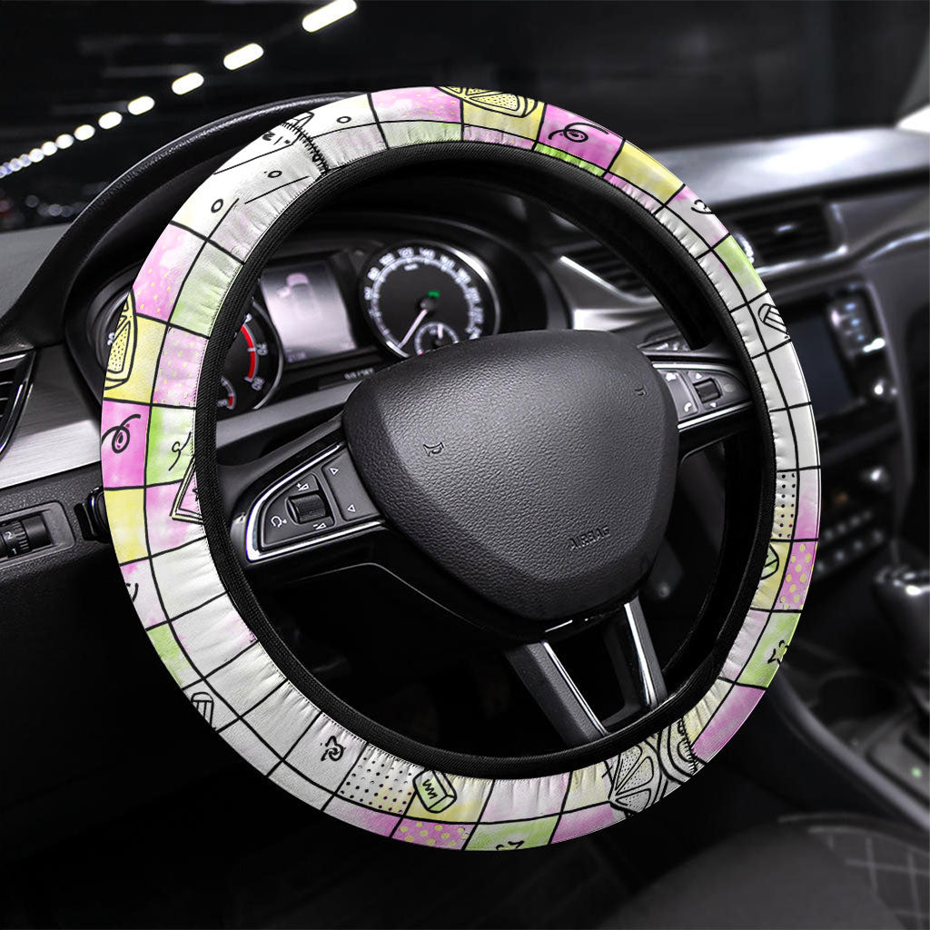 Hawaii Cruising Back To School Steering Wheel Cover Grid Pattern With School Bag And Vintage Surf Van TS04 Universal Fit White Yellow - Polynesian Pride