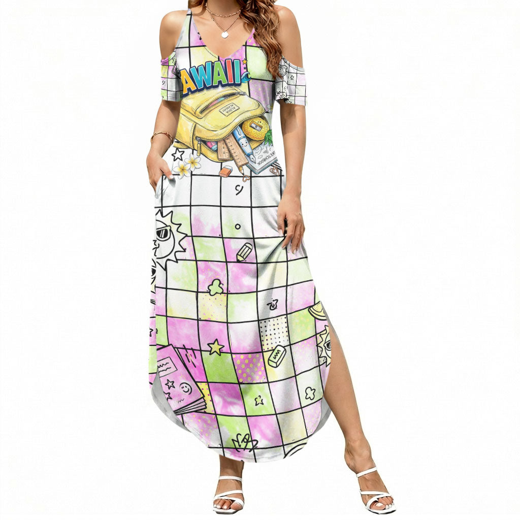 Hawaii Cruising Back To School Summer Maxi Dress Grid Pattern With School Bag And Vintage Surf Van TS04 Women White Yellow - Polynesian Pride