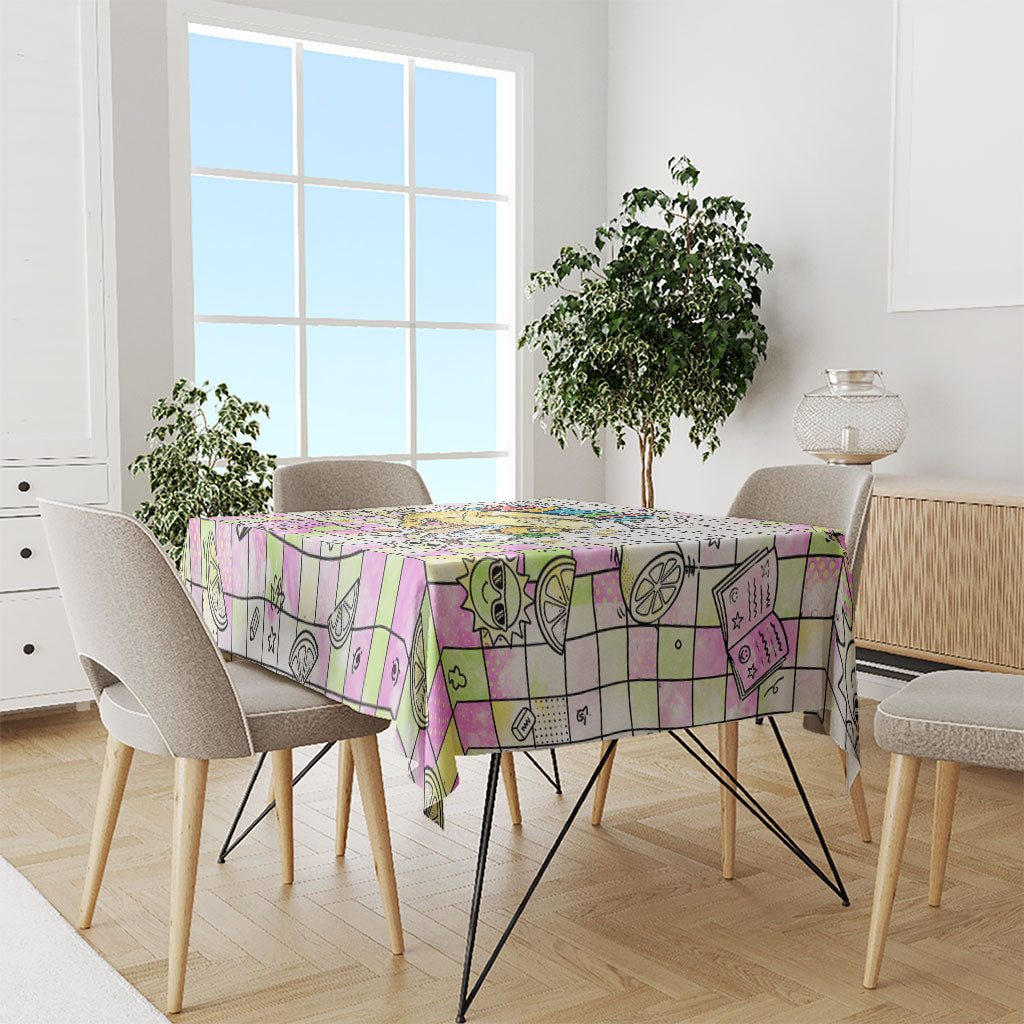 Hawaii Cruising Back To School Tablecloth Grid Pattern With School Bag And Vintage Surf Van TS04 - Polynesian Pride