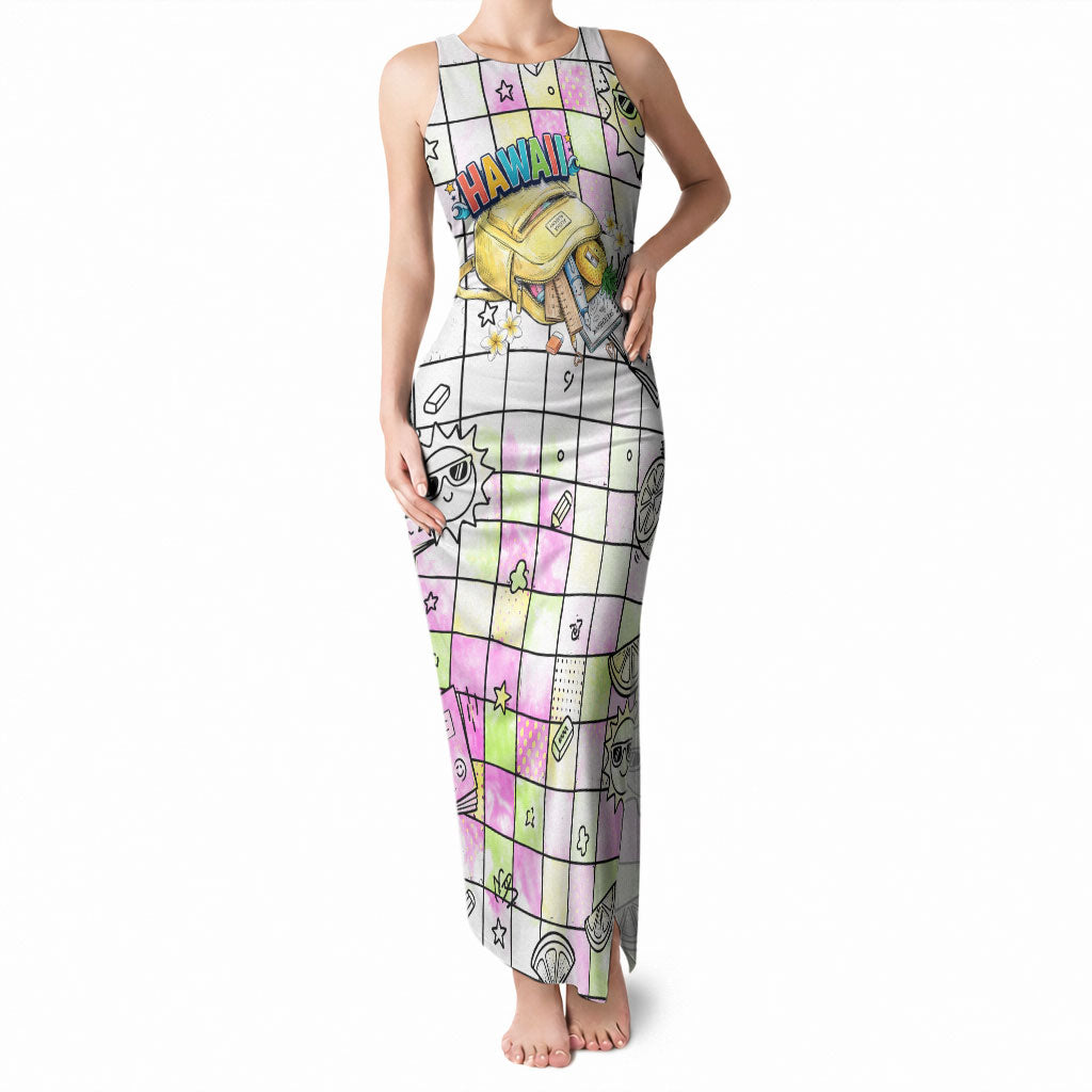 Hawaii Cruising Back To School Tank Maxi Dress Grid Pattern With School Bag And Vintage Surf Van TS04 Women White Yellow - Polynesian Pride
