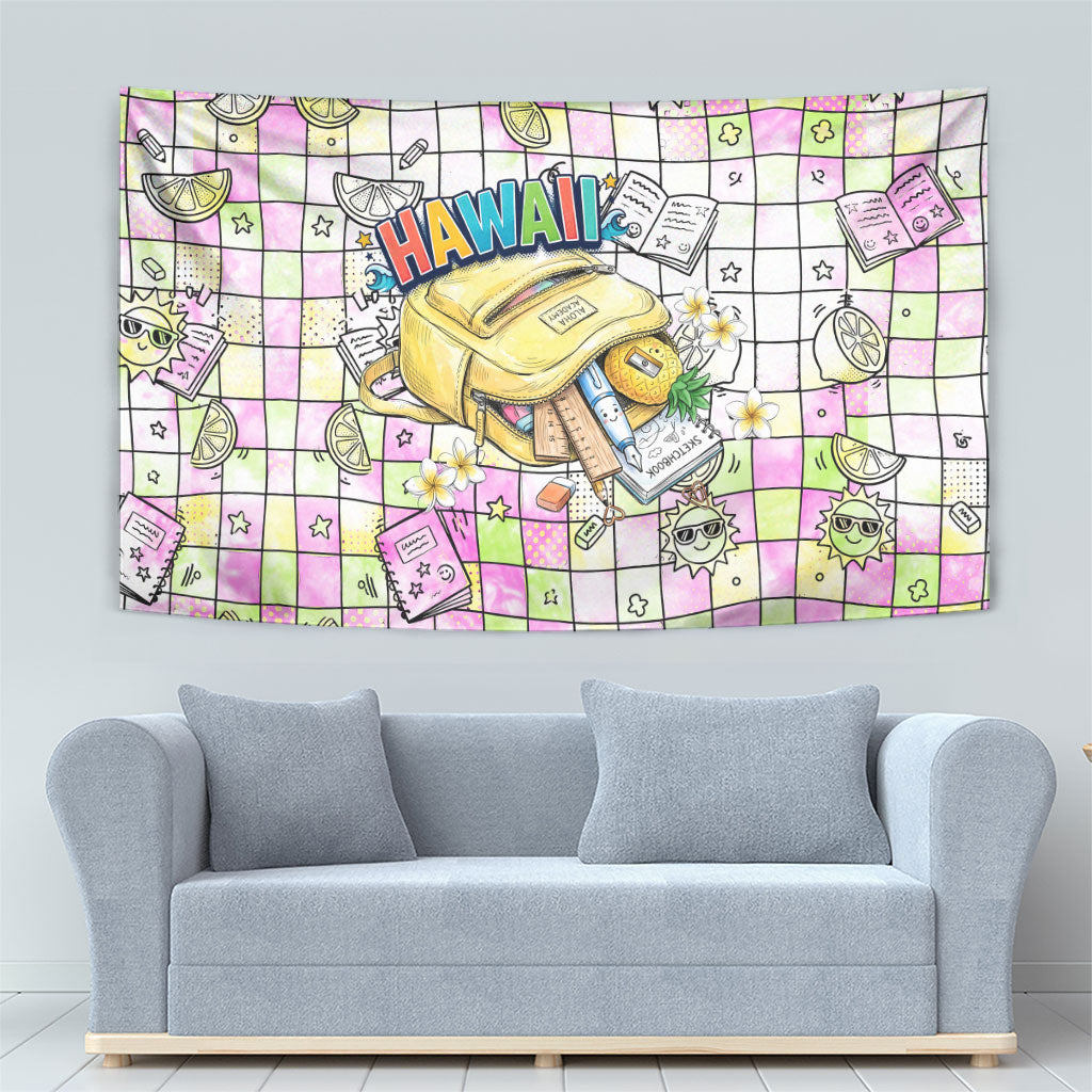 Hawaii Cruising Back To School Tapestry Grid Pattern With School Bag And Vintage Surf Van TS04 - Polynesian Pride