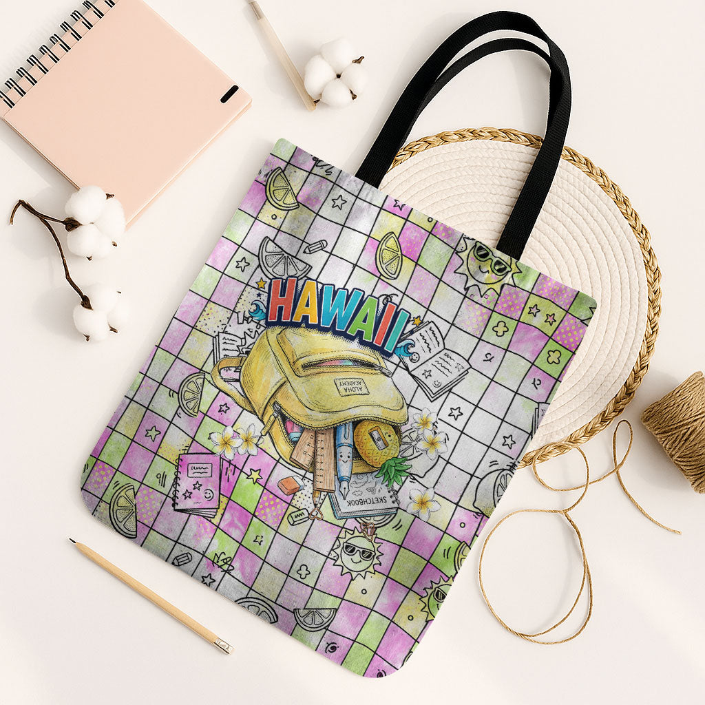 Hawaii Cruising Back To School Tote Bag Grid Pattern With School Bag And Vintage Surf Van TS04 Black Strap One Size White Yellow - Polynesian Pride