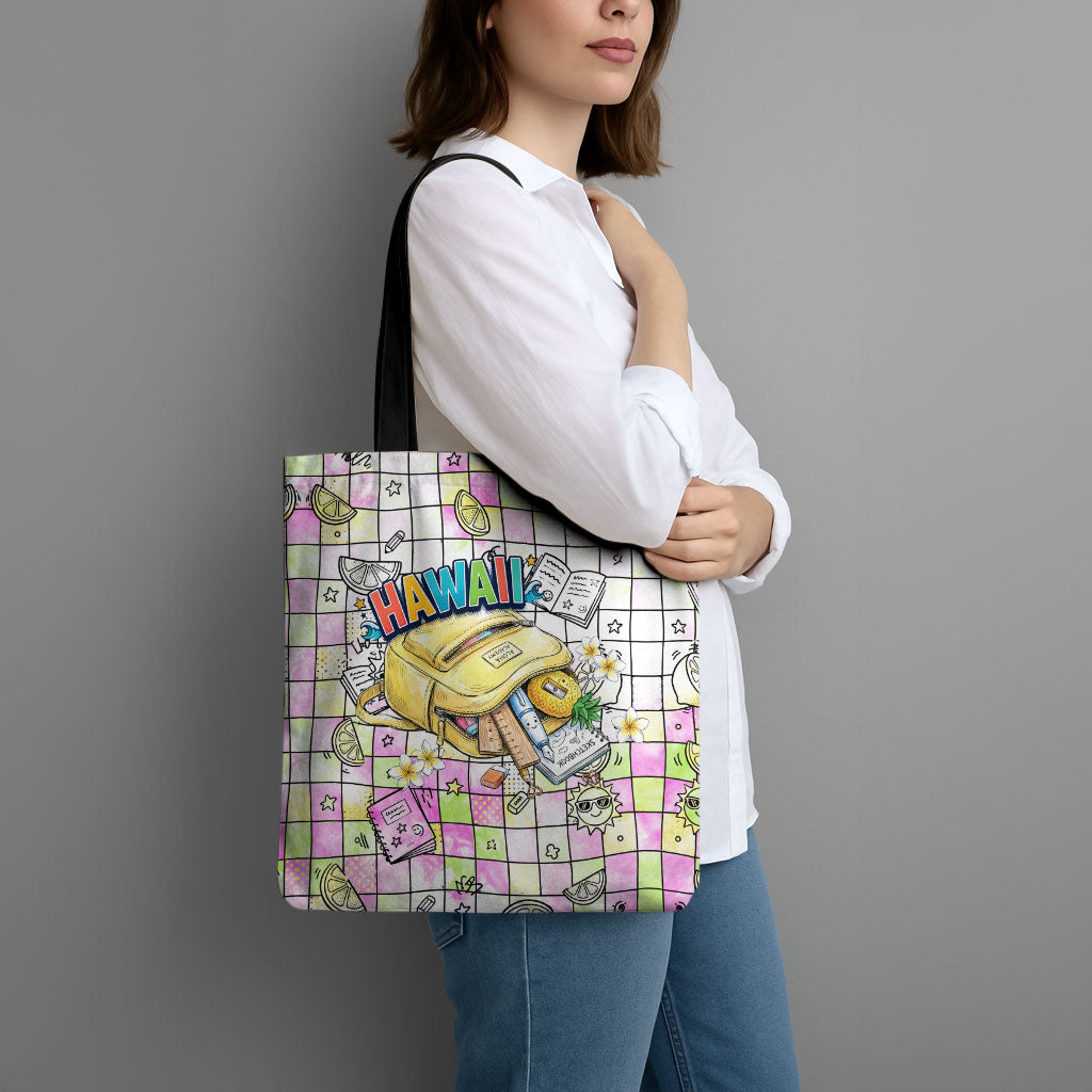 Hawaii Cruising Back To School Tote Bag Grid Pattern With School Bag And Vintage Surf Van TS04 - Polynesian Pride