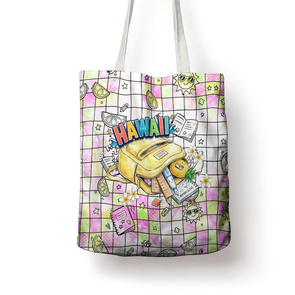 Hawaii Cruising Back To School Tote Bag Grid Pattern With School Bag And Vintage Surf Van TS04 - Polynesian Pride