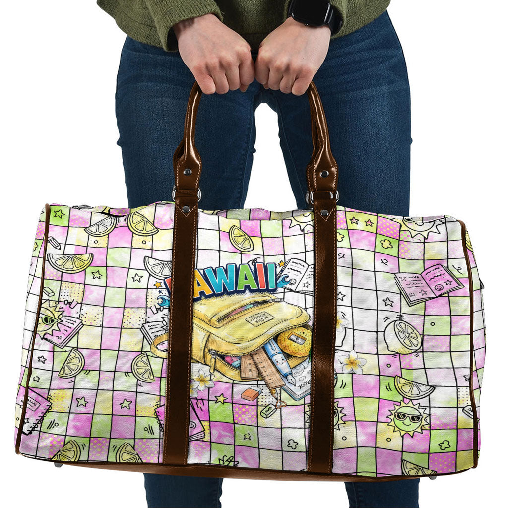 Hawaii Cruising Back To School Travel Bag Grid Pattern With School Bag And Vintage Surf Van TS04 White Yellow - Polynesian Pride