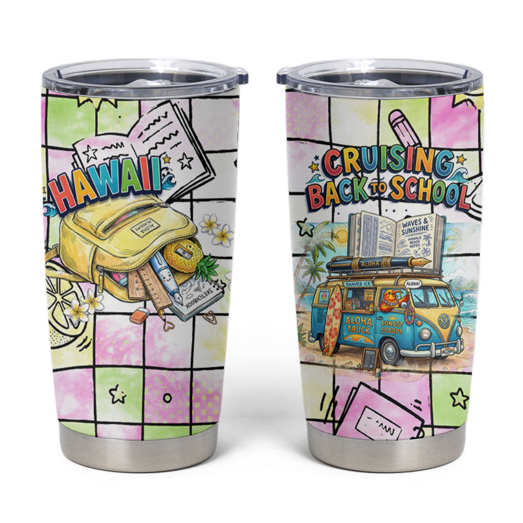 Hawaii Cruising Back To School Tumbler Cup Grid Pattern With School Bag And Vintage Surf Van TS04 White Yellow - Polynesian Pride