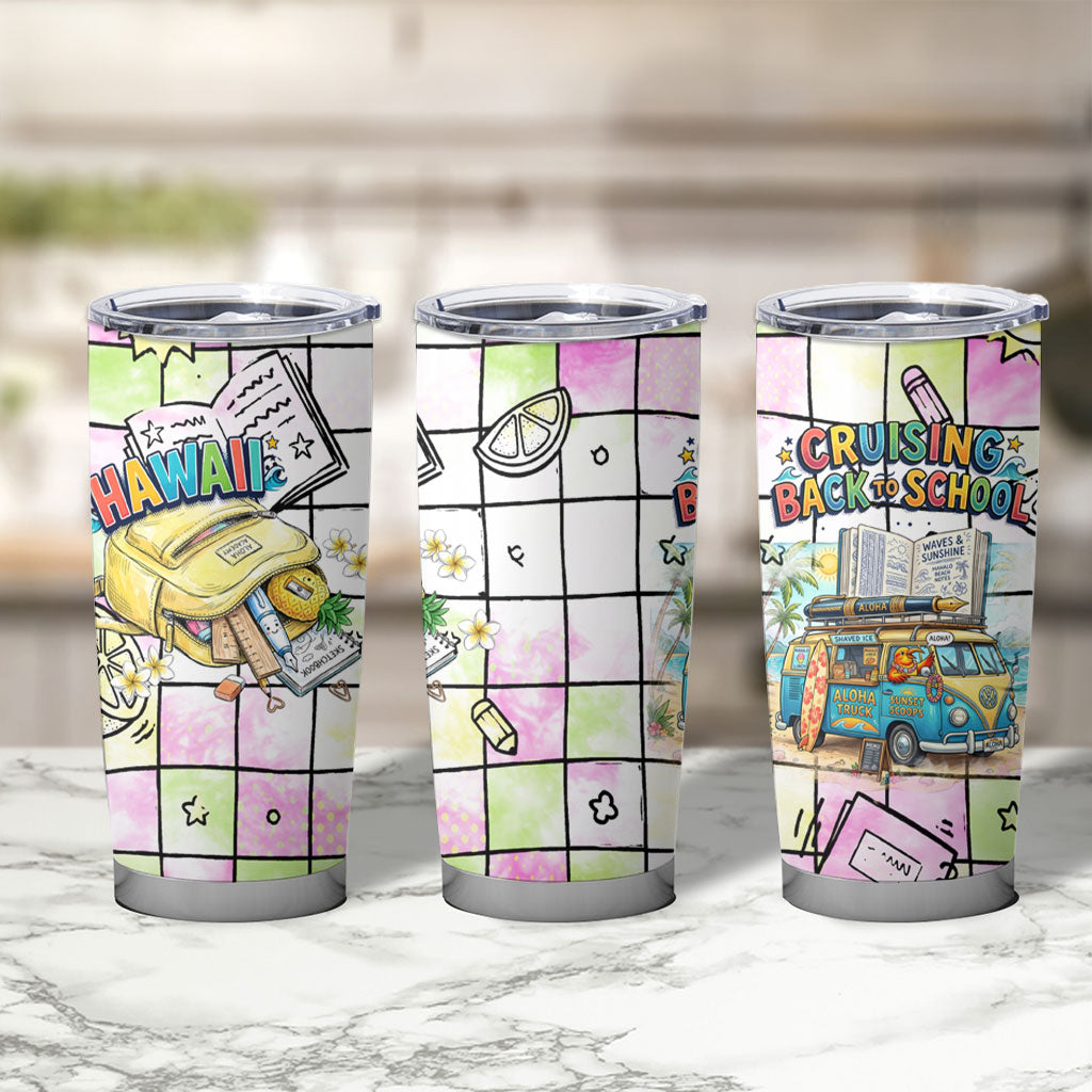 Hawaii Cruising Back To School Tumbler Cup Grid Pattern With School Bag And Vintage Surf Van TS04 - Polynesian Pride