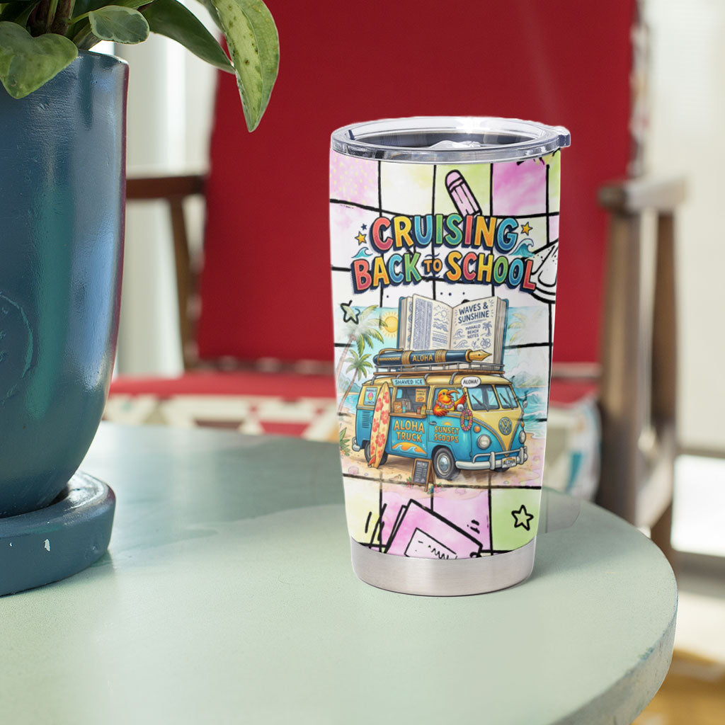 Hawaii Cruising Back To School Tumbler Cup Grid Pattern With School Bag And Vintage Surf Van TS04 - Polynesian Pride