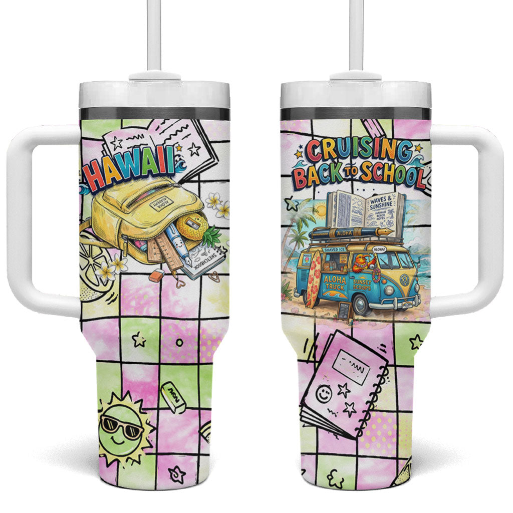 Hawaii Cruising Back To School Tumbler With Handle Grid Pattern With School Bag And Vintage Surf Van TS04 One Size: 40 oz White Yellow - Polynesian Pride